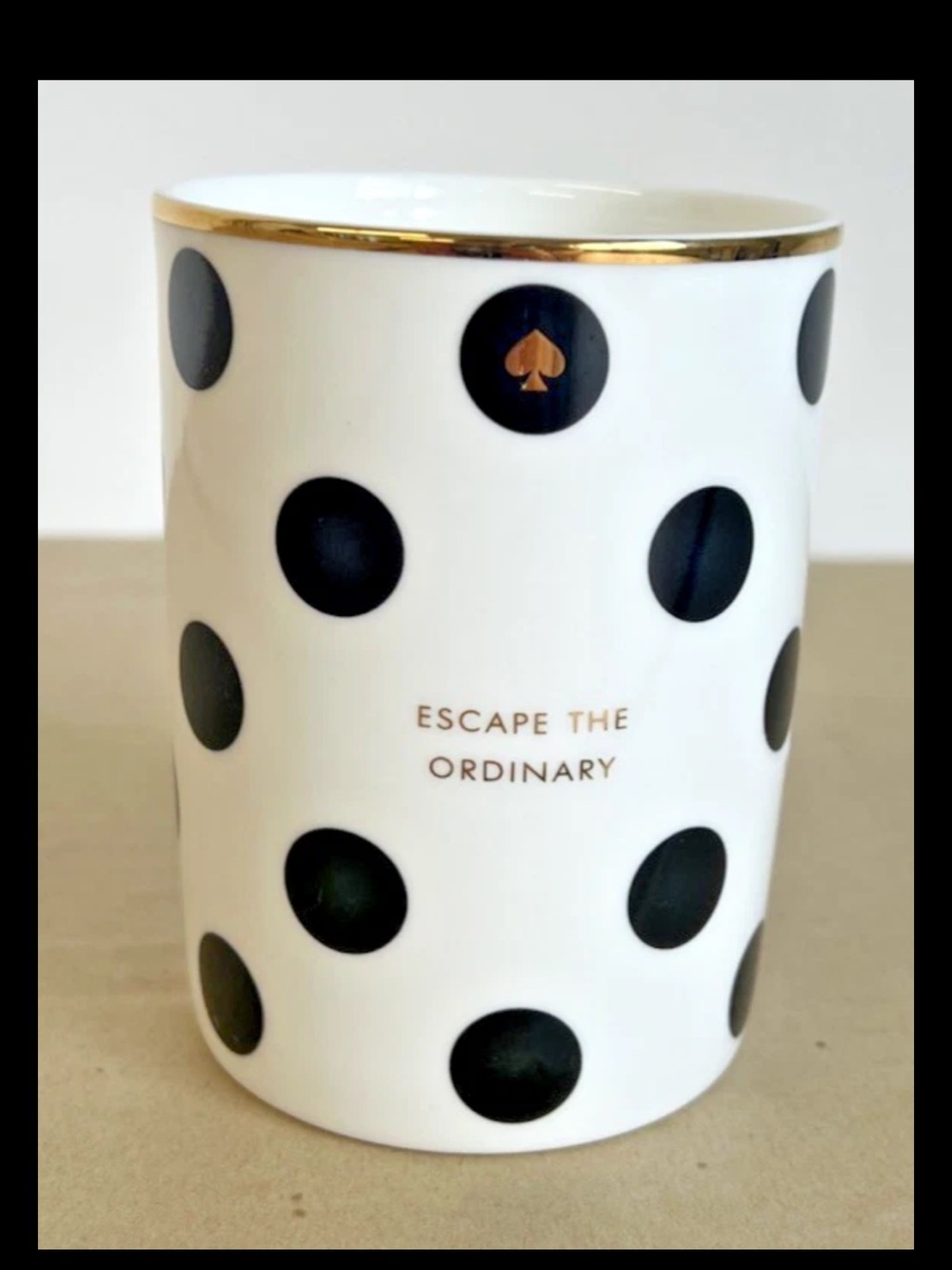 Kate Spade Lennox White Ceramic Tumbler with Black Polka Dots and Gold Detail